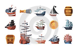 Pirate symbols. Old ships of looters and invaders parrot spyglass hook prey garish vector boats of pirates