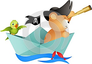 Pirate teddy bear on boat with bird