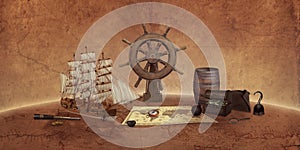 Pirate things concept on an old world map. Ship, map, compass, treasure chest, rudder, telescope