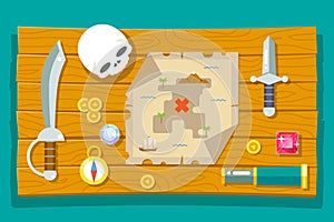 Pirate Treasure Adventure Game RPG Map Action Knife Gagger Spyglass Skull Compass Icon Symbol Wood Table Background