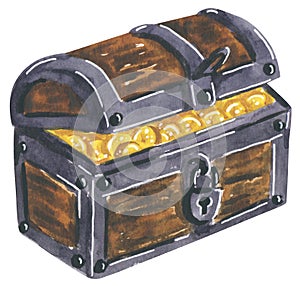 Pirate treasure chest with gold coins, hand drawn watercolor