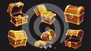 The pirate treasure chest has gold coins in golden stacks, money boxes and UI store interface assets. It is a magic loot