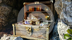 Pirate treasure chest unveiled in cave, gleaming jewels within. Adventure awaits. Ai Generated