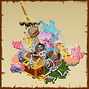 Pirate treasure, fragment ship and skeleton guard