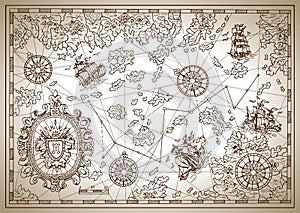 Pirate treasure map with compass, sailing vessels, treasure islands and decorative elements