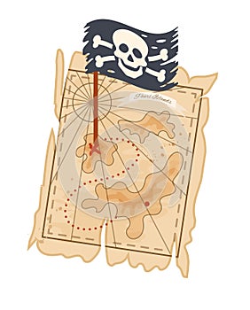 Pirate treasure map with coordinates, pirate flag, skull crossbones and old ancient earth