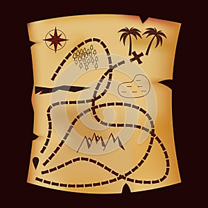 Pirate treasure map retro style illustration. Find the way to the treasure