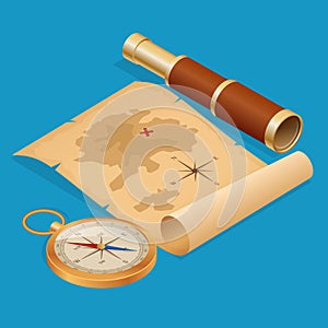 Pirate Treasure map on a ruined old Parchment with spyglass and compass vector isometric illustration
