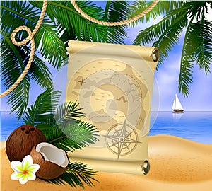 Pirate treasure map on tropical background