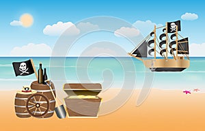 Pirate treasure with pirate ship scene at beach