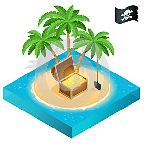 Pirate treasure on a tropical beach with palm trees and treasures.