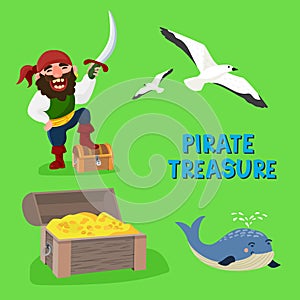 Pirate treasure vector adventure sea nautical symbols nautical character captain sailor with sword jewelry piratic