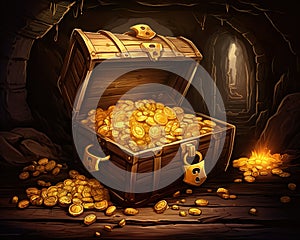 pirate treasure in a wooden chest.