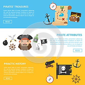 Pirate treasures and sea adventures vector banners