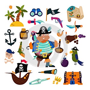 Pirate vector piratic character buccaneer man in pirating costume in hat with sword illustration set of piracy signs and