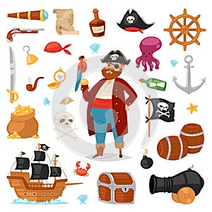 Pirate vector piratic character buccaneer man in pirating costume in hat with sword illustration set of piracy signs and photo