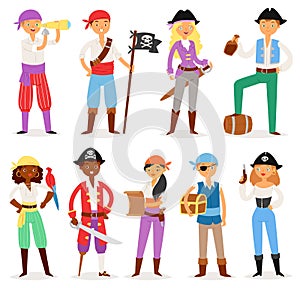 Pirate vector piratic character buccaneer man or woman in pirating costume in hat with sword illustration set of piracy