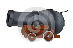 Pirate vintage iron cannon, vector ancient artillery corsair gun illustration isolated on white, wooden wheel.