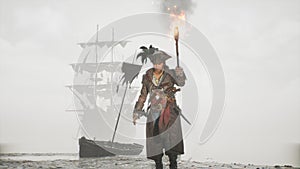 A pirate walks with a torch on a misty deserted island. The man was created using 3D computer graphics. 3D rendering