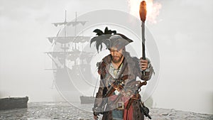 A pirate walks with a torch on a misty deserted island. The man was created using 3D computer graphics. 3D rendering