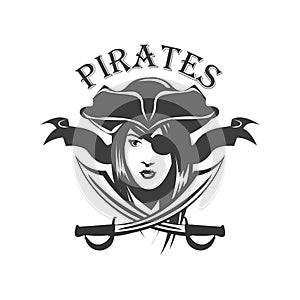 Pirate woman and crossed sabers badge, logo. Vector illustration