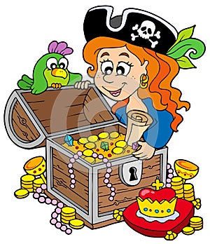 Pirate woman opening treasure chest