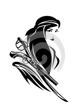 Pirate woman with pistol gun and sabre black vector portrait