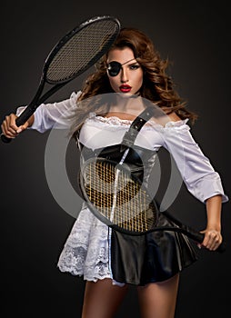 Pirate woman with tennis rackets and eye patch