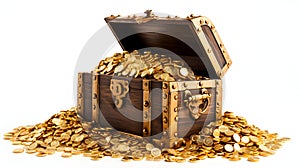 Pirate wooden treasure chest with gold coins on white background