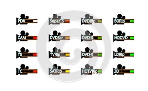 Pirated movie release types, Release formats icon set. Video piracy. Vector