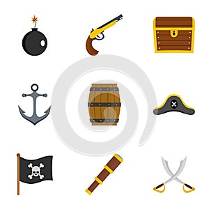 Pirates attributes icon set, flat style