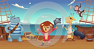 Pirates background. Wild animals in pirate costumes on island with treasures exact vector zoo cartoon set