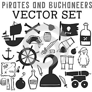 Pirates and Buccaneers Vector Set with pirate ships, maps, flags, and accessories