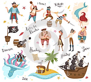 Pirates cartoon characters, set of funny isolated people and icons, vector illustration