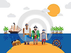 Pirates on desert island, vector illustration. Funny cartoon characters, pirate captain and sailors. Corsairs of the