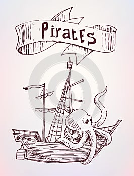 Pirates drawn ship with sign, sea advertising