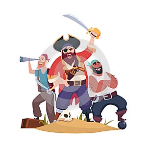 Pirates. Group of aggressive pirate corsair sailors with weapons standing in action poses. Vector template