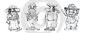 Pirates, a group of funny pirates. Drawing cartoon style.