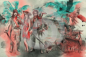Pirates. An hand drawn illustration. Freehand drawing, painting.