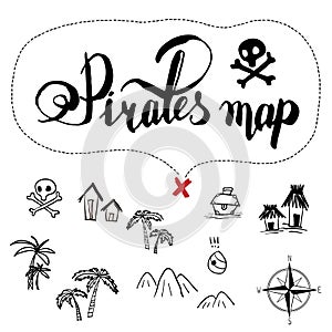 pirates map icon set old ink hand drawn cartoon style , black isolated on white  illustration . text lettering , rose of win