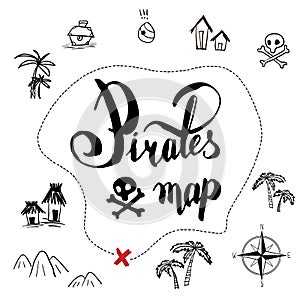 Pirates map icon set old ink hand drawn cartoon style , black isolated on white  illustration . text lettering , rose of win