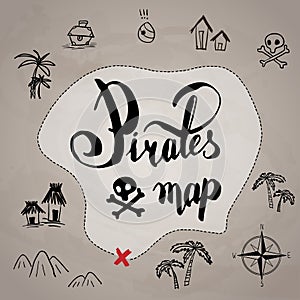 Pirates map icon set old ink hand drawn cartoon style , black isolated on white  illustration . text lettering , rose of win