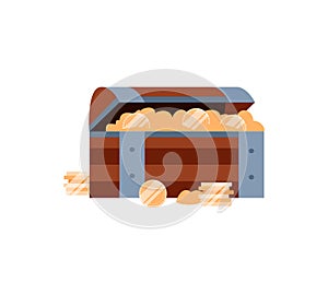 Pirates open treasure chest full of gold, flat vector illustration isolated.