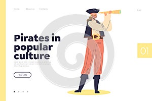 Pirates in popular culture concept of landing page with sailor looking in spyglass