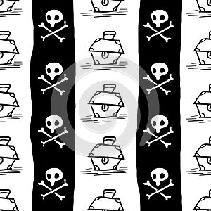 Pirates seamless pattern , black captain Jolly Roger flag background wallpaper, repeatable funny hand painted texture of skull and