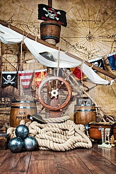 Pirates ship deck with steering wheel and flag