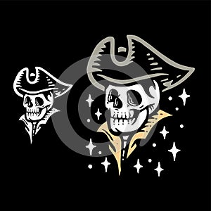 pirates skull captain vintage hand drawing illustration