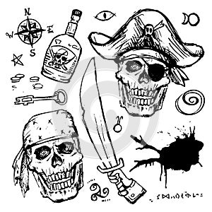 Pirates skull in hat. Isolated piratical adventure attributes hand drawn set: keys and rum, mysterious symbols.