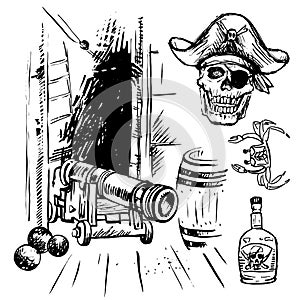 Pirates skull in hat. The ship`s cannon in the hold of the ship and balls. Sketch