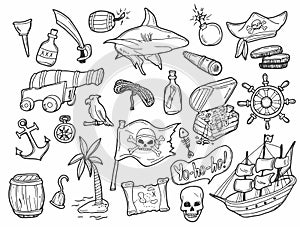 Pirates themed freehand drawings set. Symbols of piracy - hat, swords, guns, treasure chest, ship, black flag, jolly roger emblem